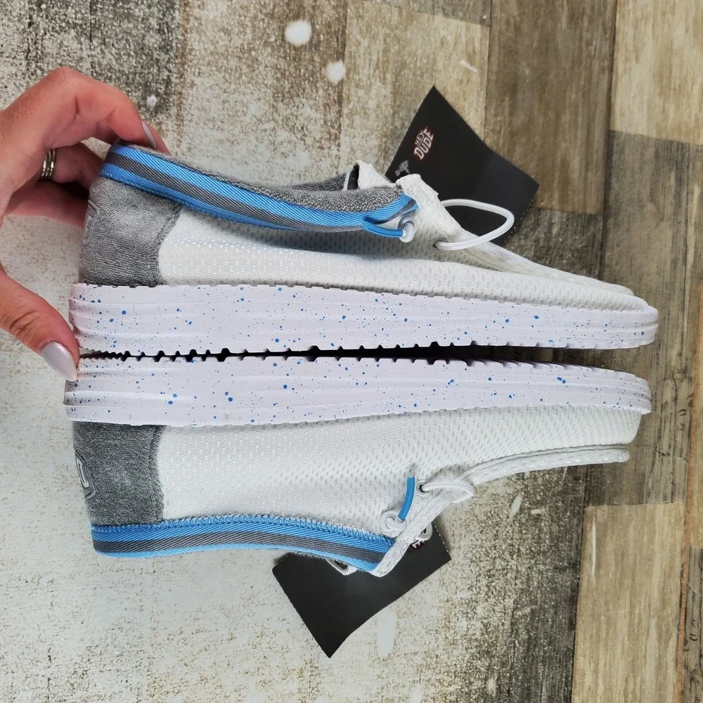 Hey Dude Wally Varsity Jersey Mens Loafer Shoe Sz 9 White Blue Round Toe Slip On